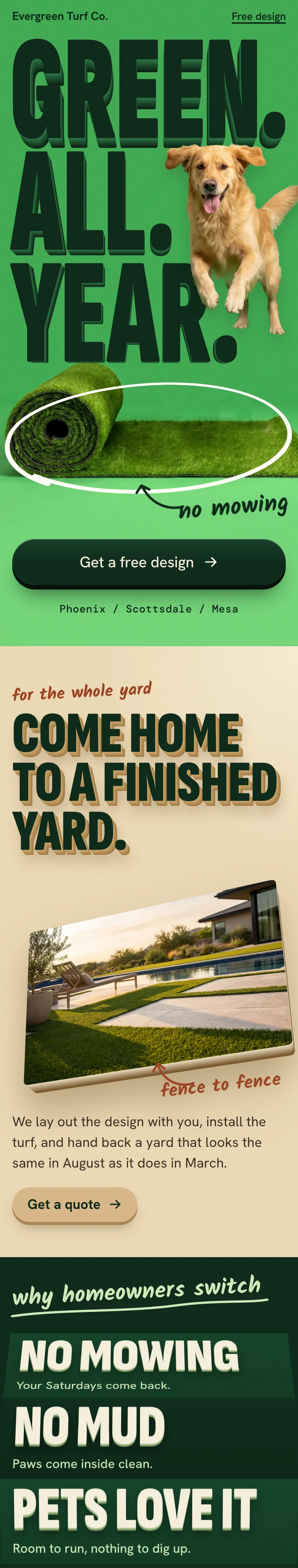 A sample artificial turf website design, scrolling on a phone