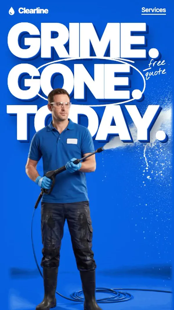 A sample pressure washing site for a fictional business, scrolling on a phone