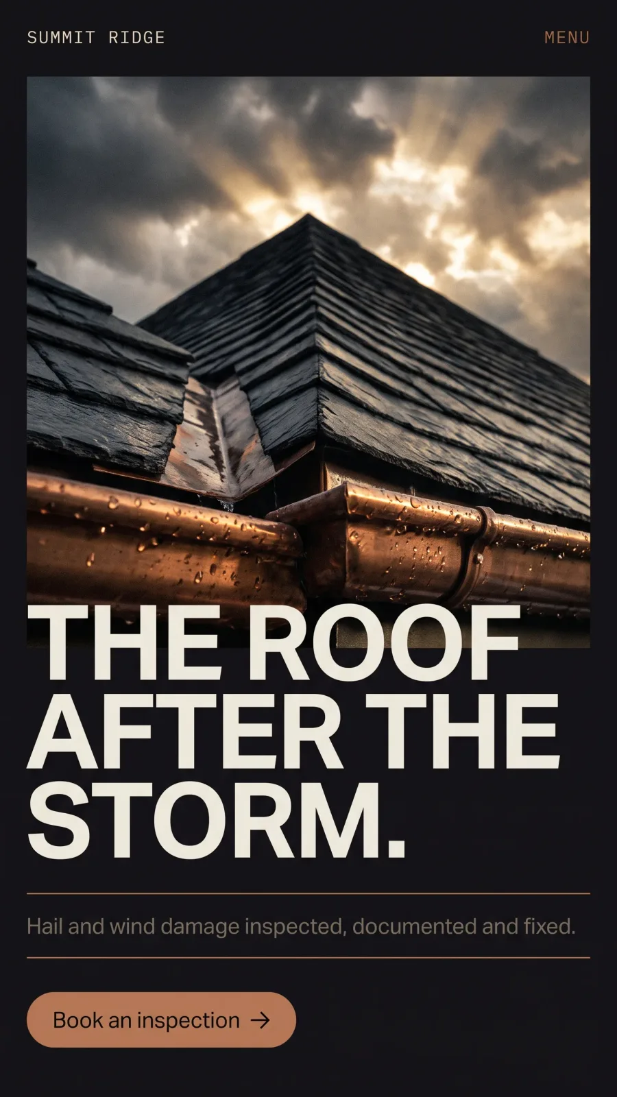 Cinematic style board: dark homepage for a fictional roofer with a storm photo