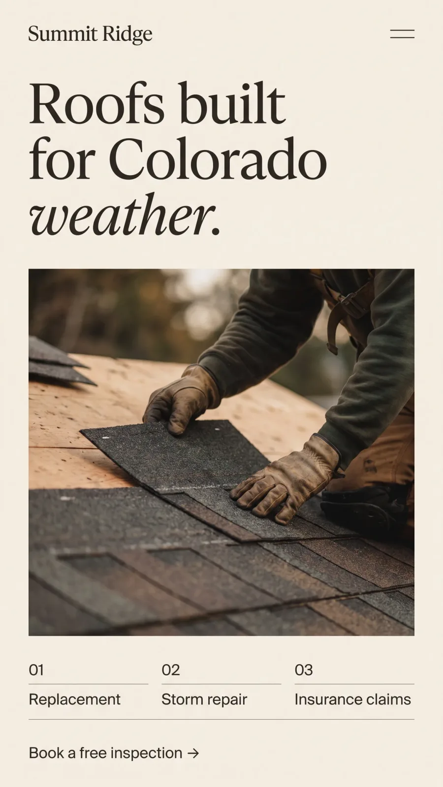 Editorial style board: warm paper homepage for a fictional roofer with a serif headline