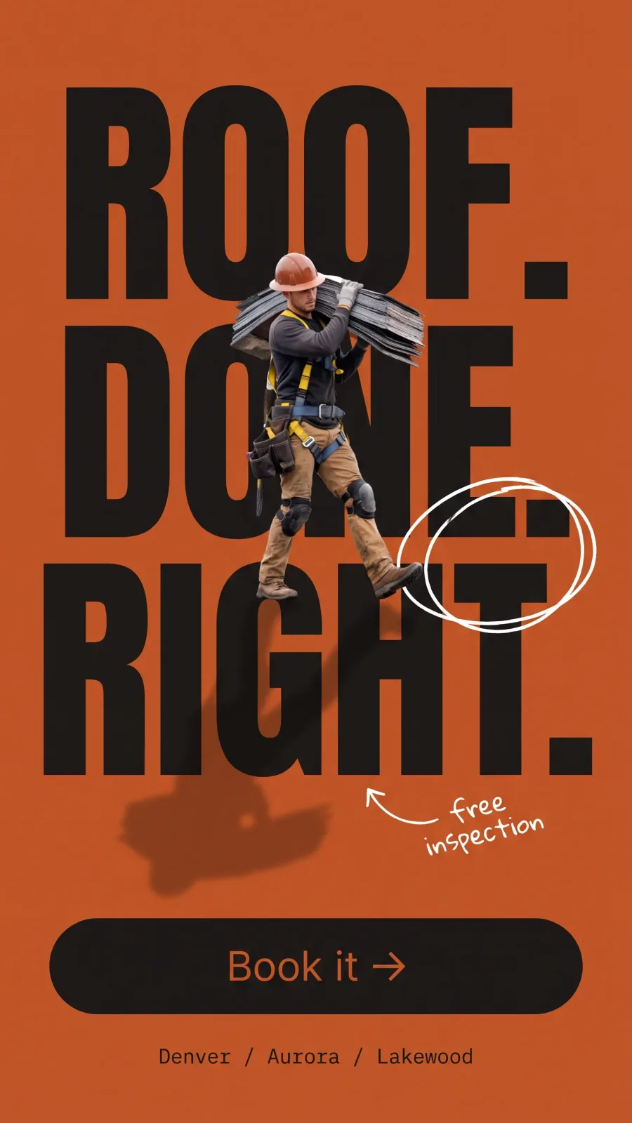 Poster style board: bold orange homepage for a fictional roofer